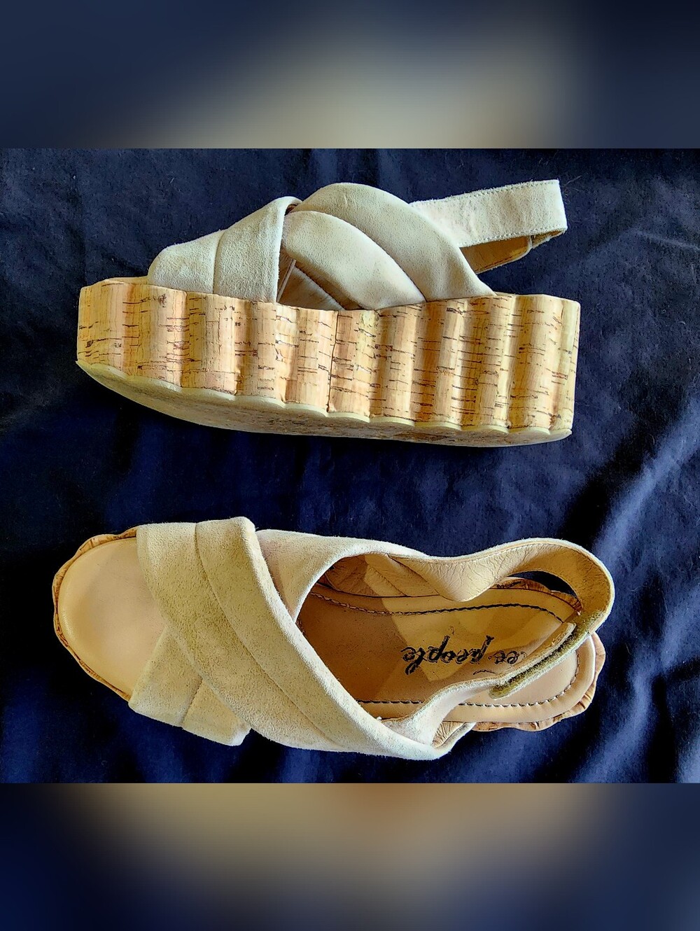 FREE PEOPLE | Beige Suede Crisscross Cork Platform Sandals | Size US Womens 8.5 - Picture 4 of 9